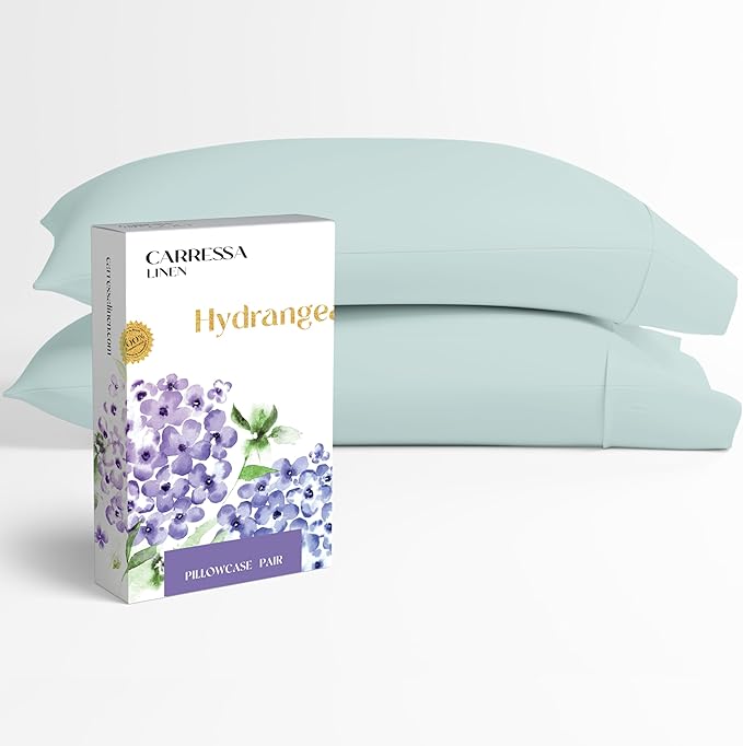 Carressa Linen 100% Egyptian Cotton King Size Pillow Cases Set of 2 - Luxury 600 Series Hydrangeas Collection King Pillowcases (Sea Foam), Soft Cooling, Sateen Weave Hotel Quality Bed Pillow Cover