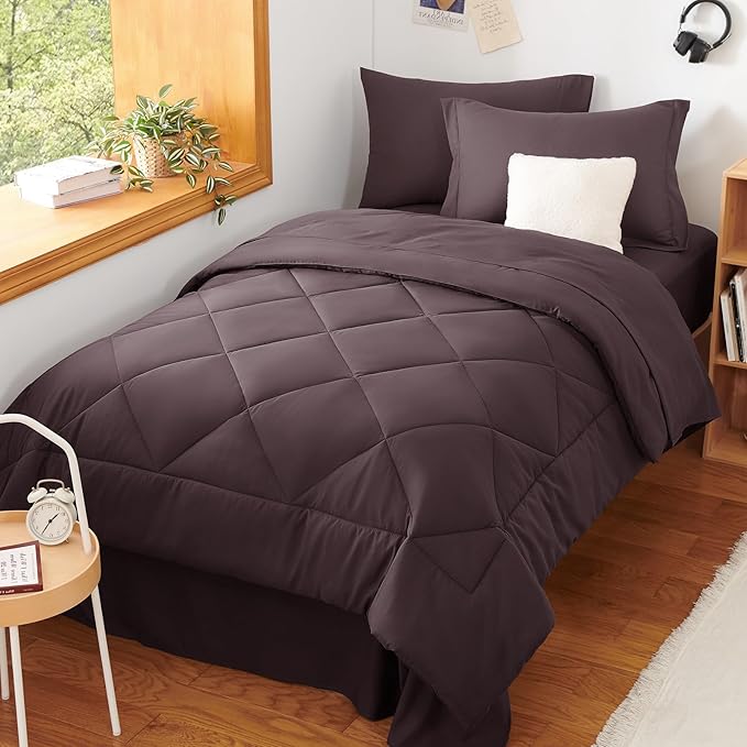 CozyLux Twin XL Comforter Set Cocoa Powder - 5 Pieces Twin Extra Long Bed in a Bag for College Dorm, All Season Bedding Set for Girls and Boys, Soft Bed Set with Comforter, Sheets, Pillowcase & Sham