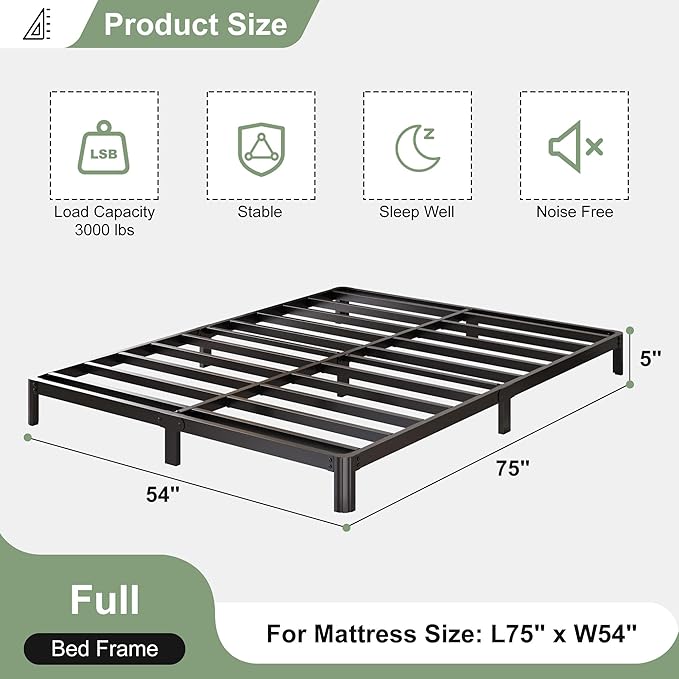 Lutown-Teen 5 Inch Low Full Size Bed Frame with Rounded Corner Legs, 200 LBS Heavy Duty Metal Full Platform Bed Frame No Box Spring Needed, Noise Free, Easy Assembly, Black