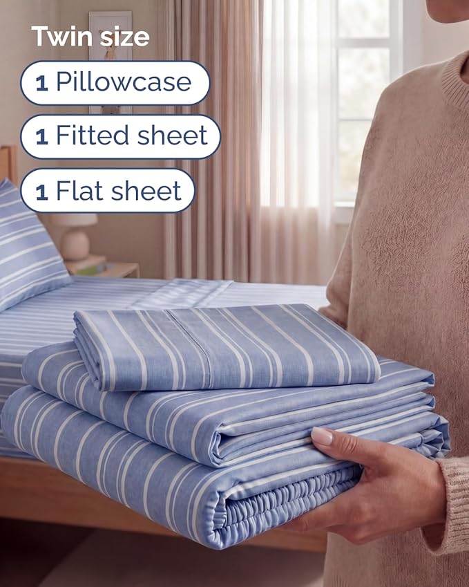 Twin Size 3 Piece Sheet Set - Comfy Breathable & Cooling Sheets - Hotel Luxury Bed Sheets for Women & Men - Deep Pockets, Easy-Fit, Soft and Wrinkle Free Sheets - Blue Stripes Oeko-Tex Bed Sheet Set