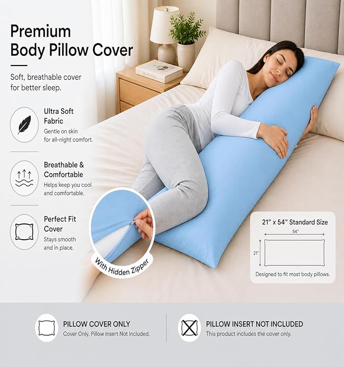 EVOLIVE Body Pillow Cover 21"x54", Ultra Soft Microfiber Pillowcase with Hidden Zipper, Breathable, Machine Washable, for Pregnancy & Side Sleepers, Cover Only (21"x54" Body Pillow Cover, Light Blue)