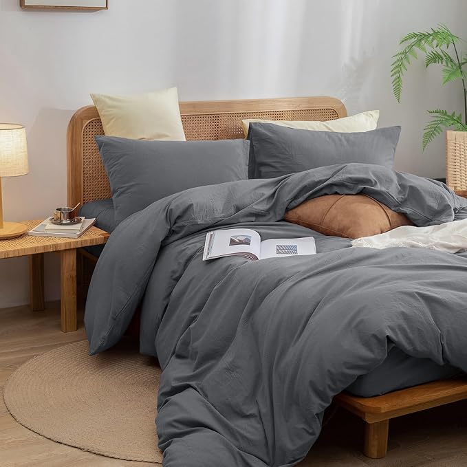 BESTOUCH Duvet Cover Set 100% Washed Cotton Linen Feel Super Soft Comfortable Chic Lightweight 2 PCs Home Bedding Set Solid Quiet Shade Grey/Twin XL