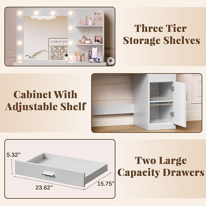 YESHOMY Vanity Desk with Mirror, 10 Lights, Power Outlet and 3 Storage Shelves, Makeup Table with 2 Drawers & 1 Cabinet, 3 Color Modes, for Bedroom, White