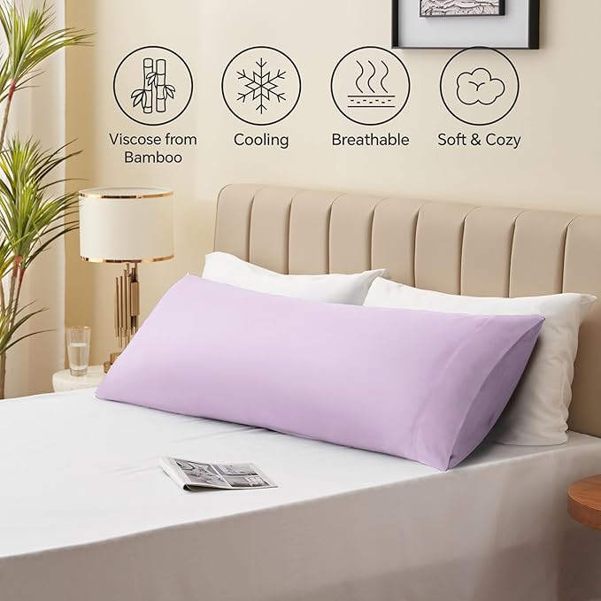 BEDELITE Body Pillow Case Cover, Rayon Made from Bamboo, Cooling Body Pillow Cover for Hot Sleepers and Night Sweats, Breathable & Silky Soft Full Long Pillow Case (Light Purple, 20x54 Inches)