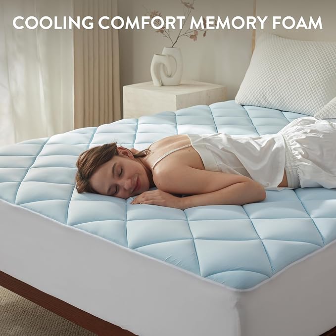 SureFit Full Size Memory Foam Mattress Topper, Cooling Gel-Infused Mattress Pad, Breathable Ventilated Design, Fits Mattresses 8-20” Deep, Medium Plush Comfort,Cooling for Hot Sleepers