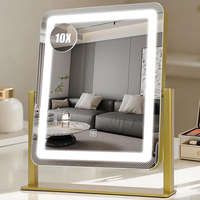 Vanity Mirror with Lights, 15"×12.2" Large LED Makeup Mirror with Light, HD Mirror, Smart Touch with 3-Color Lighting, Dimmable, 360° Rotation, Lighted Up for Vanity Desk Tabletop, Bedroom (Gold)