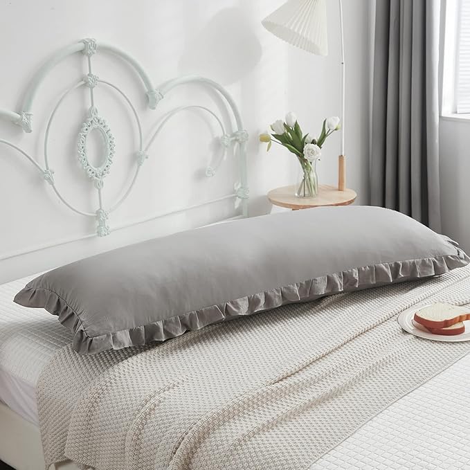 Shabby Chic 20x54in Light Grey Body Pillow Cover with Ruffled Fringe Decor