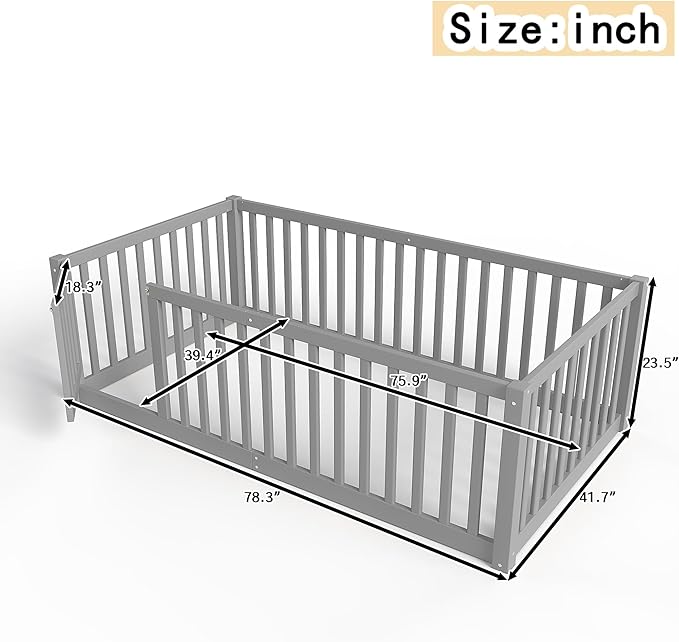 Bellemave Twin Size Montessori Floor Bed with 23.5" High Rails, Pine,Plywood Floor Bed with Small Door, Grey
