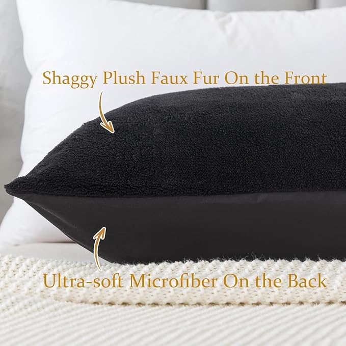 Whatsbedding Sherpa Body Pillow Cover, Ultra Soft Faux Fur Body Pillowcase, Luxury Shaggy Plush Long Pillowcase, Envelope Closure - Black (20x54 inch)