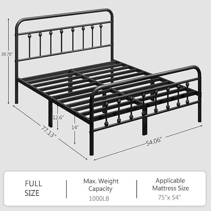zunatu Full Size Metal Platform Bed Frame/Victorian Style Headboard and Footboard/Steel Slat Support/Easy Assembly/No Box Spring Needed/Underbed Storage/Noise Free/Black