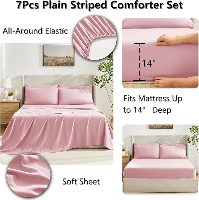 CozyLux King Size Comforter Set Pink, 7 Pieces Bed in a Bag, Pink Comforter King Size, All Season Bedding Sets with Stitch Quilted Comforter, Flat Sheet, Fitted Sheet, Pillowcases