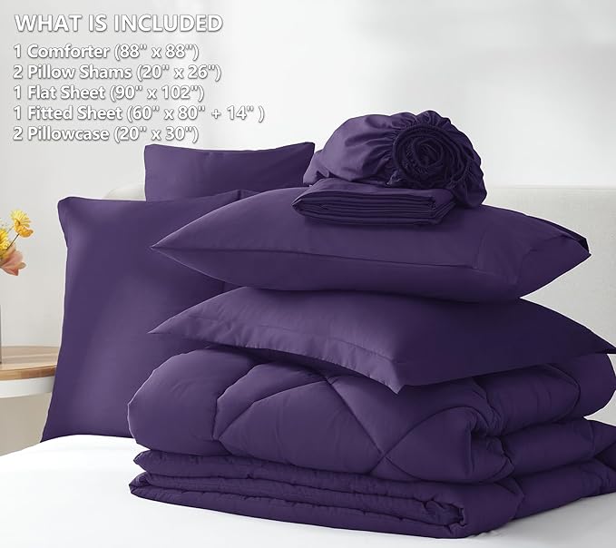 CozyLux Queen Comforter Set Purple - Bed in a Bag Queen Size 7 Pieces, Luxury Soft Bed Set for All Seasons, Bedding Set with Down Alternative Comforter, Sheets, Pillowcases & Shams