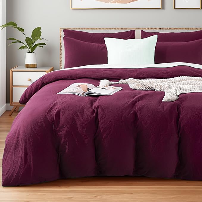 NEXHOME PRO 100% Washed Cotton Duvet Cover Twin Size, Ogranic Natural Linen Feel Breathable Bedding Set with Zipper Closure, 2 Pieces Duvet Cover Set Wine (No Comfortert) 6890