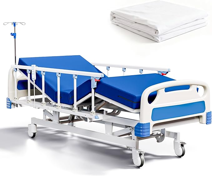 Premium Full Electric Hospital Bed for Home Use, 5 Function Medical Bed with 4.7” Foam Mattress, Height Adjustable, Individual Locking, Includes Tray and Sheets (2X)