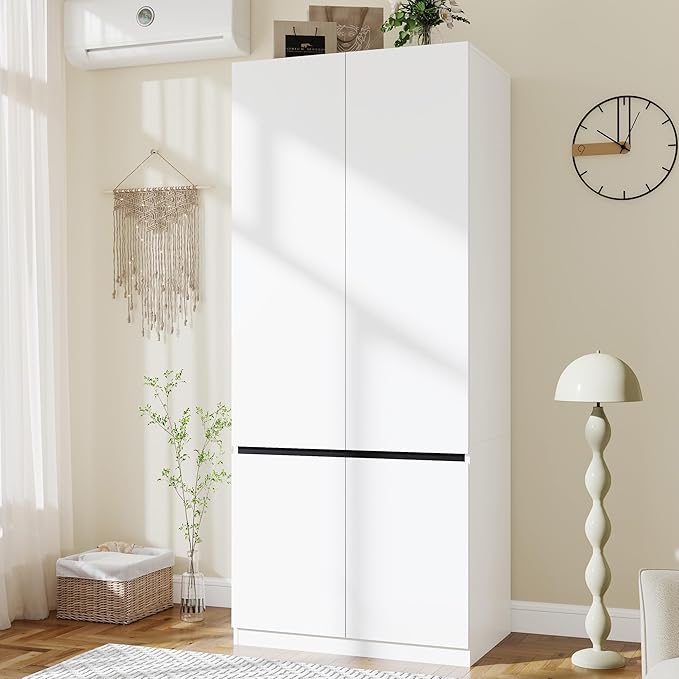 White Armoire Wardrobe Closet: 74" Wooden Wardrobe Closet with 2 Doors, Bedroom Armoires with Hanging Rod, Tall Closets Cabinet for Hanging Clothes (31.5")