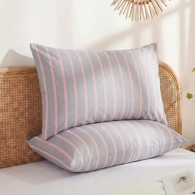 Merryword Standard Size Pillowcases, 100% Cotton Pillow Cases, Gray and Pink Striped Pillowcases, Soft Breathable Wide Stripes Pillow Covers, Set of 2