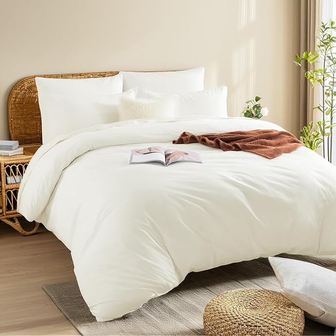 NEXHOME PRO King Duvet Cover Set, 100% Washed Cotton with Linen-Like Texture, Natural Organic, Breathable & Comfortable, Includes Home Bedding Set Milk White (No Comforter) 10490