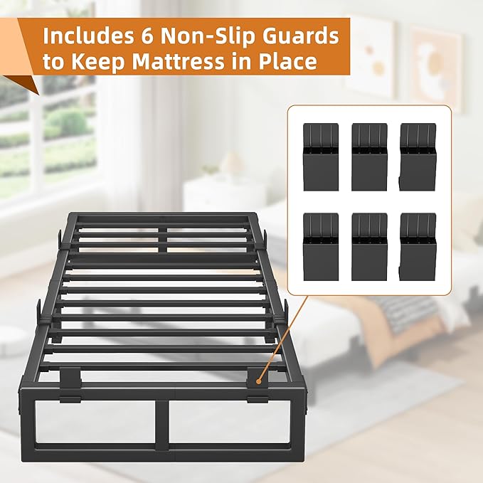 Twin Bed Frames, 10 Inch Metal Platform Bed Frame with Squeak Free U-Slot Design, 6 Non-Slip Guards, 3500lbs Heavy Duty Steel Slat Support, No Box Spring Needed, Under Bed Storage, Black