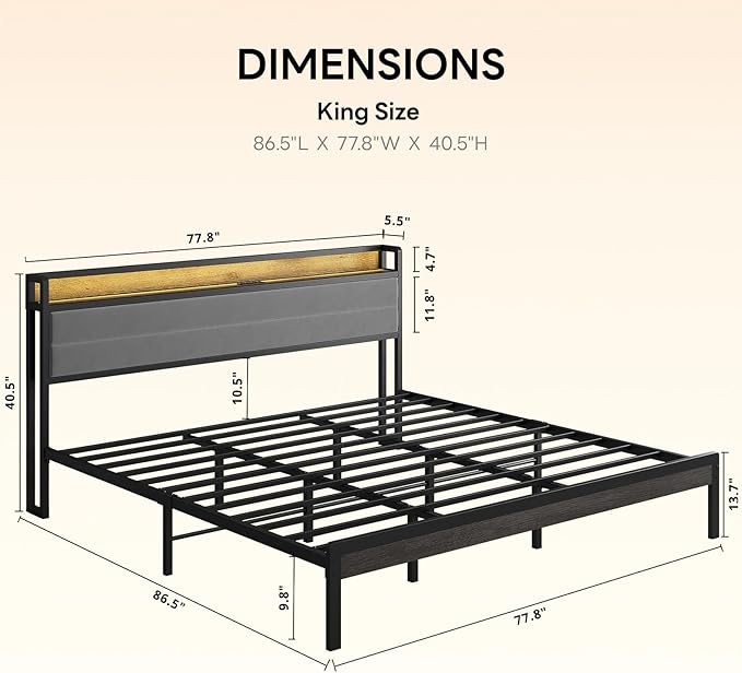 LIKIMIO King Size Bed Frame, Storage Headboard with LED Lights and Charging Station, Metal Platform Bed No Box Spring Needed, Noise Free, Under Bed Storage, Charcoal Gray