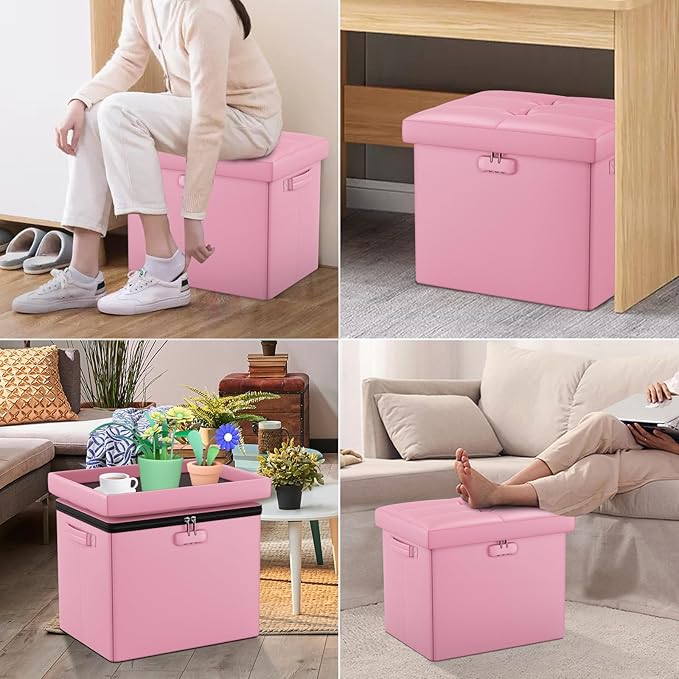 DocSafe Storage Ottoman Foot Rest Stool with Lock ＆ Handles, Fireproof Folding Leather Footstool Bench with Storage Safe for Living Room Bedroom, Home Office, Dorm, 17x13x13in, Pink