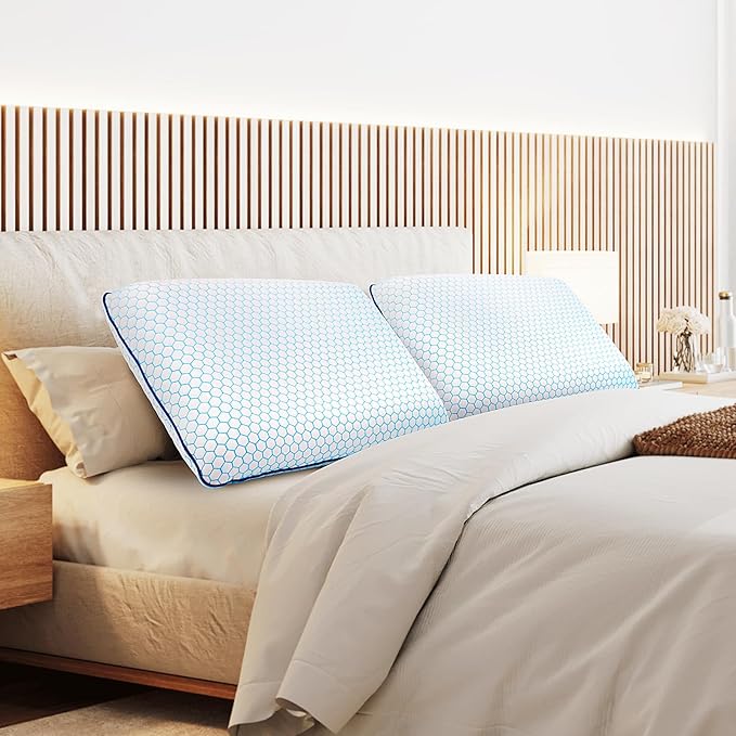 CushyOasis Memory Foam Pillows for Side, Back and Stomach Sleepers, Set of 2, Bed Pillow with Washable Cover and Breathable Mesh, Bed Pillow for Sleeping (Blue，Standard Size)