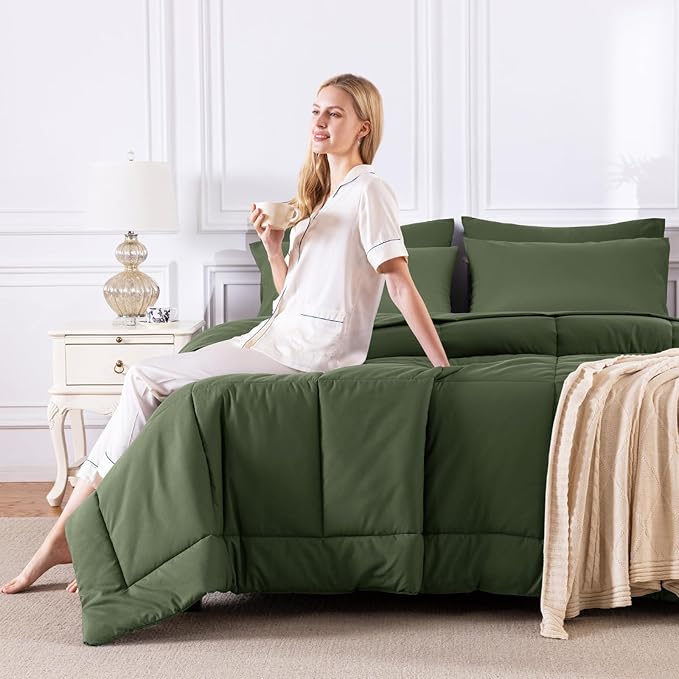 CozyLux Queen Comforter Set Olive Green, 7 Pieces Bed in a Bag, Green Comforters Queen Size, All Season Bedding Sets with Stitch Quilted Comforter, Flat Sheet, Fitted Sheet, Pillowcases