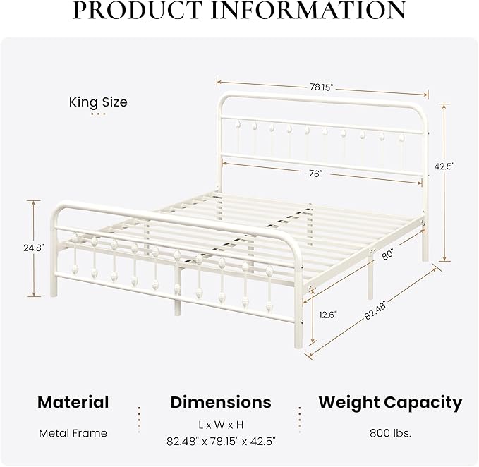 SHA CERLIN King Size Metal Platform Bed Frame with Victorian Style Iron-Art Headboard and Footboard, Easy Assembly, Under Bed Storage, No Box Spring Required, Off White