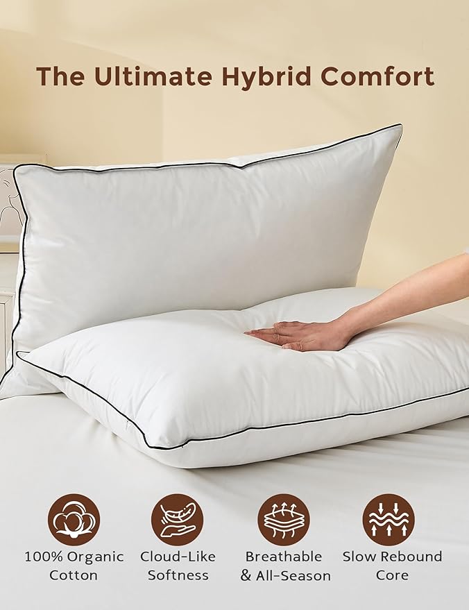 Cobnom® Goose Feather and Down Pillows Queen Size Set of 2, 3-Chamber Hybrid Bed Pillows with 750 Fill-Power Down Surrounded, 100% Organic Cotton Cover, Medium Firm for All Sleepers(20x30 Inch)