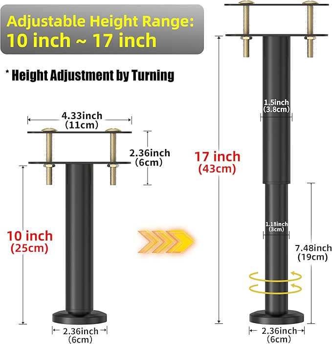 Wlrrcwdttc 4 Pcs Adjustable Height Bed Support Legs 10-17 inch, Bed Frame Center Support Legs for Bed Frame/Bed Center Slat/Furniture, Heavy Duty Metal Bed Legs Replacement Bed Slats Support Legs