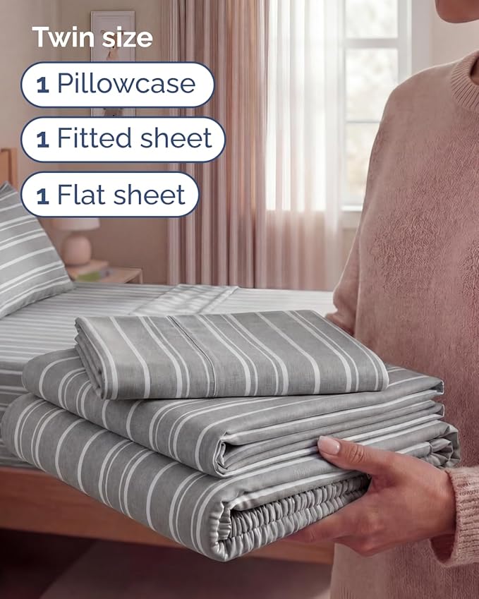 Twin Size 3 Piece Sheet Set - Comfy Breathable & Cooling Sheets - Hotel Luxury Bed Sheets for Women & Men - Deep Pockets, Easy-Fit, Soft and Wrinkle Free Sheets - Grey Stripes Oeko-Tex Bed Sheet Set