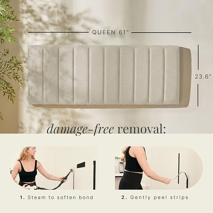 Hearth & Harbor Upholstered Queen Headboard - Easy Assemble Channel Stitched Headboard Queen Size - Wall Mounted Headboards with 3D Soundproof Wall Panels Peel & Stick Floating Headboards, Linen