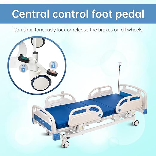 Real Relax 5 Function Full Electric Hospital Bed, ICU Electric Medical Bed with 4 inch Foam Mattress & IV Pole and Central Locking System with 5” Casters for Home Hospital Use, 530LBS Loading.