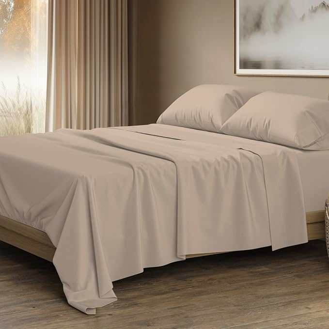 THREAD SPREAD 100% Egyptian Cotton King Size Sheets Set - Luxury 1500 Series Egyptian Cotton Sheets King Size (4 PC, Taupe), Silky Soft, Sateen Weave, Cooling & Breathable, 17" Deep Pocket Bed Set