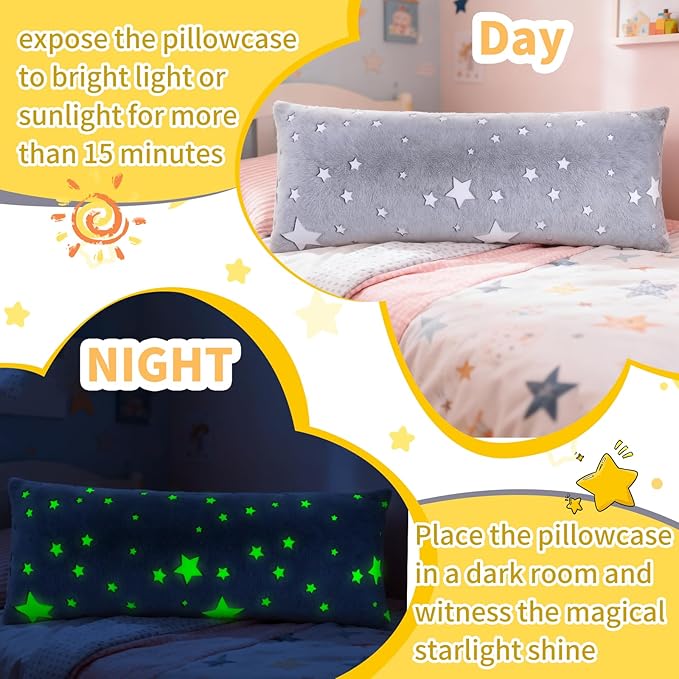 Cloele Body Pillow Cover Glow in The Dark Long Pillow Cases Full - 21x54 inches Grey Star Ultra Soft Body Pillowcase for Kids Girls Boys Decorative Body Pillow Pillowcases(Only Cover)