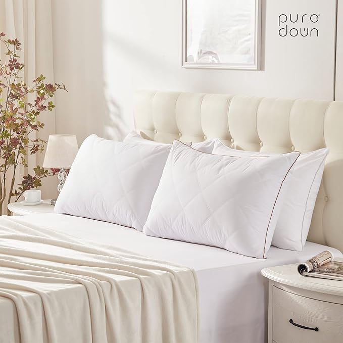 puredown® Goose Feathers and Down Pillow with Diamond Quilting with 100% Cotton Cover, Pack of 2, King Size