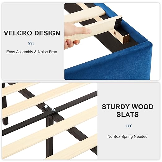 VECELO Queen Bed Frame Upholstered Platform with Fabric Headboard,Wooden Slats Support/No Box Spring Needed/Mattress Foundation,Dark Blue