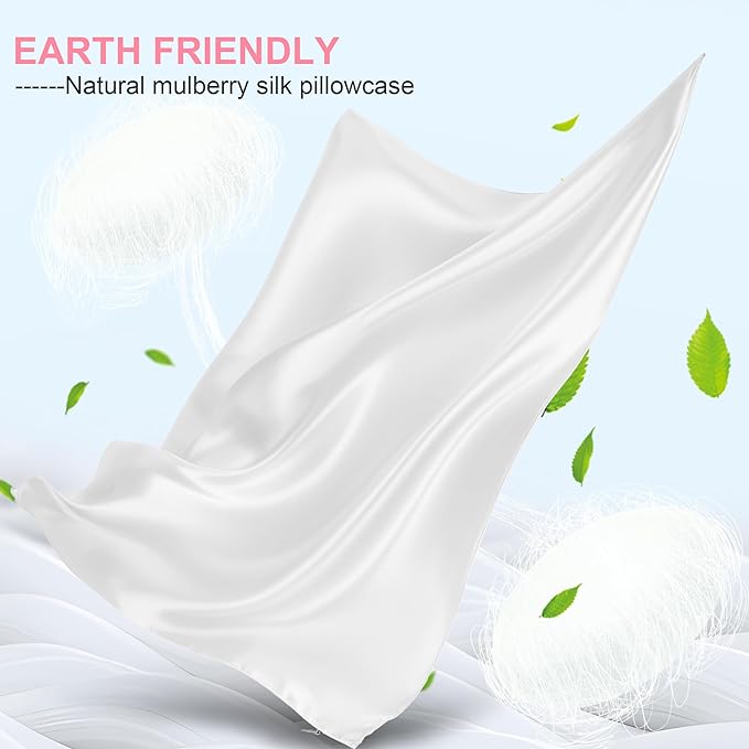 Silk Pillow Cases 2 Pack King Size with Hidden Zipper, Mulberry Silk Pillowcase for Hair and Skin, Smooth and Soft Breathable Cooling Silk Satin Pillowcase Set of 2, Gifts for Women，Pure White