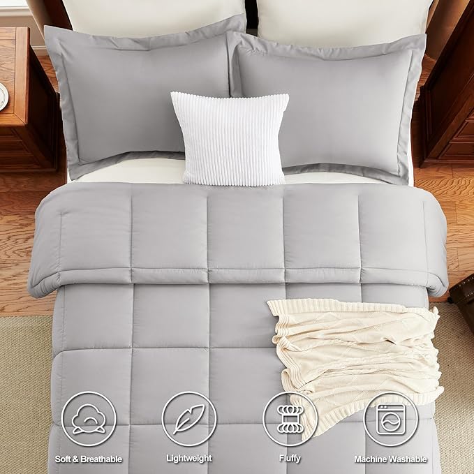 CozyLux King Size Comforter Set - 270GSM French Grey Bedding Sets for All Seasons, 3 Pieces Box Stitched Bed Set with 1 Down Alternative Comforter and 2 Pillow Shams, Soft, Lightweight, Durable