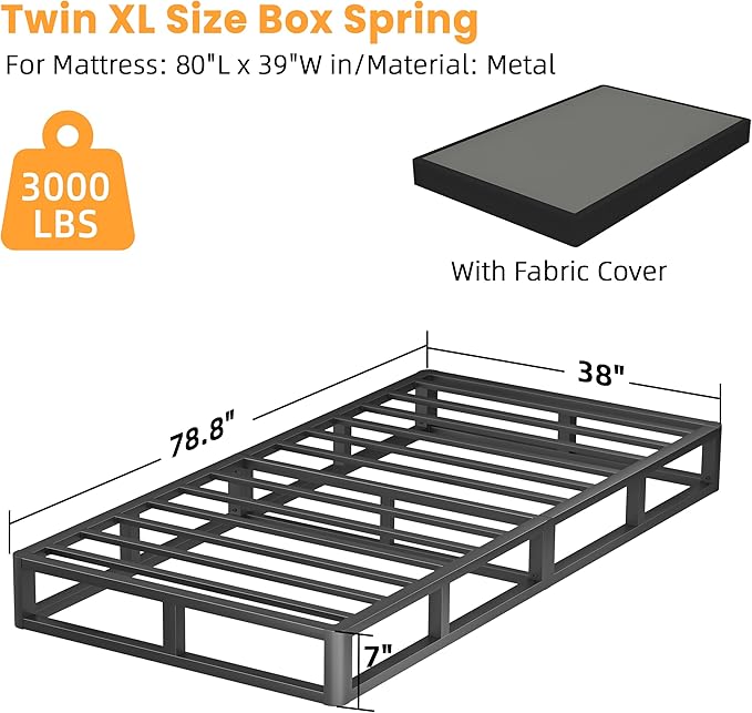 VIPSHOW 7 Inch Twin XL Metal Box Spring with Round Corners - 3000 lbs Capacity, High Profile Heavy Duty Mattress Foundation with Steel Slats, Noise-Free, Easy Assemble, Black