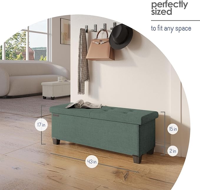 Storage Ottoman Bench with Bins, 43-in Storage Bench for Bedroom End of Bed, Folding Foot Rest Ottoman for Living Room Max 660lbs, Fabric Ottomans, Green