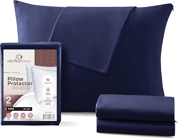 CirclesHome Pillow Covers with Zipper King Size - 2 Pack - 100% Cotton Soft and Breathable Pillow Protectors - Protects Pillows from Dirt, Dust and Debris - Navy