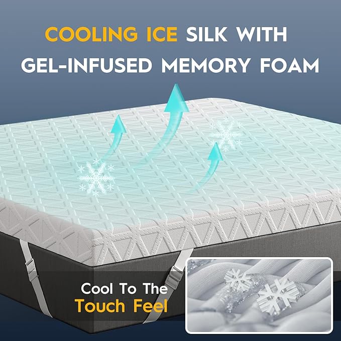 ELEMUSE 3 Inch Gel Memory Foam Mattress Topper King - Cooling Ice Silk Removable & Washable Cover, Mattress Topper for Back Pain Relief, Adjustable Strap & Non-Slip, CertiPUR-US Certified