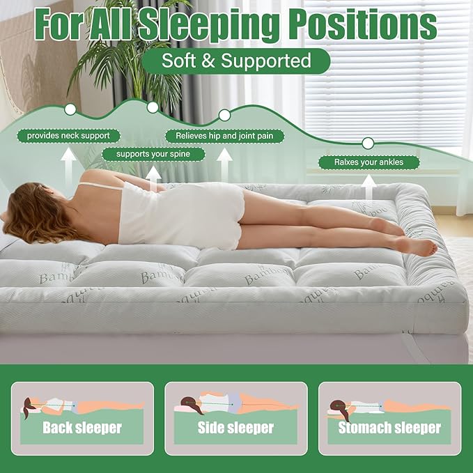 WhatsBedding 5 Inch Memory Foam Mattress Topper Twin Size for Back Pain Relief, with Cooling Breathable Bamboo Viscose Air Layer, Soft Pillow Top Mattress Topper, 75x39x5in
