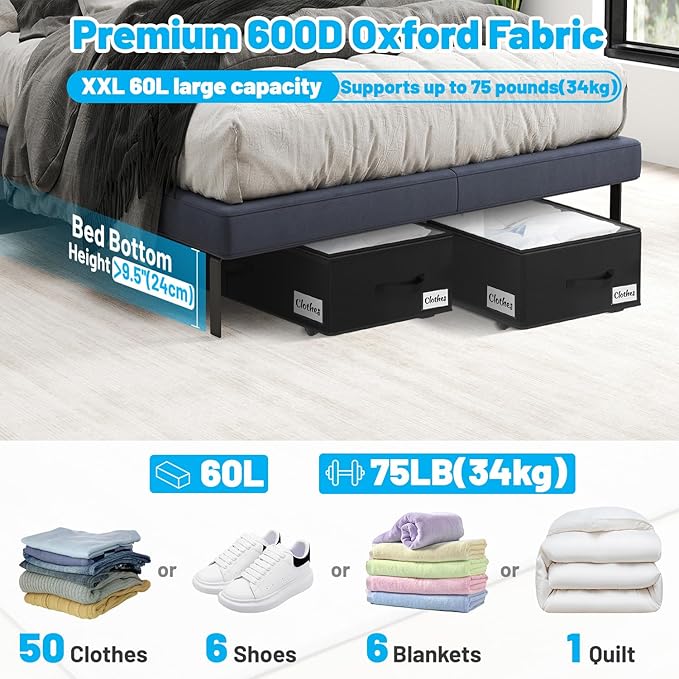 Under Bed Storage with Wheels, 2-Pack 10" Height XXL 60L Rolling Storage Bins, Quick Assembly Underbed Shoe Storage Containers with Clear Lid & Label, Dorm Under Bed Drawers for Clothes, Shoes, Black
