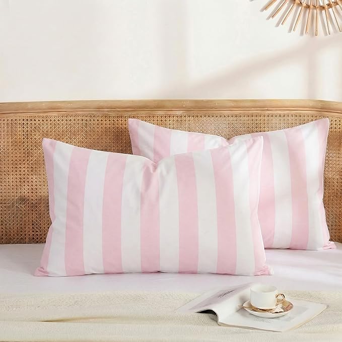 Merryword Queen Size Pillowcases, 100% Cotton Pillow Cases, Pink and White Striped Pillowcases, Luxury Linen Like Pillowcase, Soft Breathable Wide Stripe Pillow Covers, Set of 2