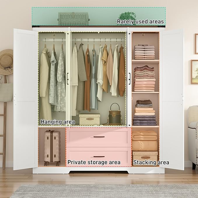 St.Mandyu Farmhouse Wardrobe Armoire Closet with 4 Doors and 2 Drawers, 70.1" Wooden Clothing Storage Cabinet, Freestanding Large Capacity Storage Wardrobe Armoire with Hanging Rod for Bedroom, White