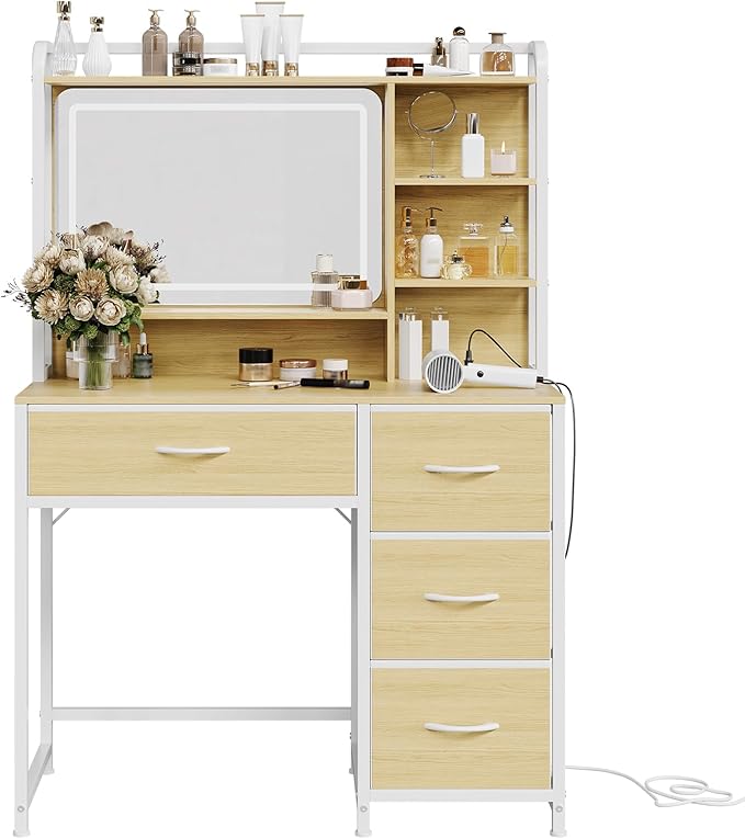 GarveeHome Vanity Desk with Mirror, 35.4” Makeup Vanity Table with Shelves, 4 Fabric Drawers Storage, Modern Dressing Table for Bedroom, Gift for Women