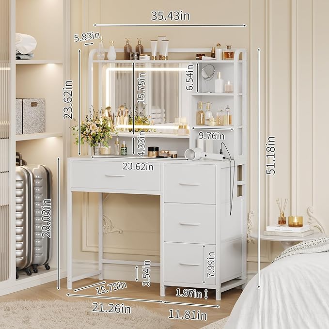 GarveeHome Vanity Desk with Mirror, 35.4” Makeup Vanity Table with Shelves, 4 Fabric Drawers Storage, Modern Dressing Table for Bedroom, Gift for Women