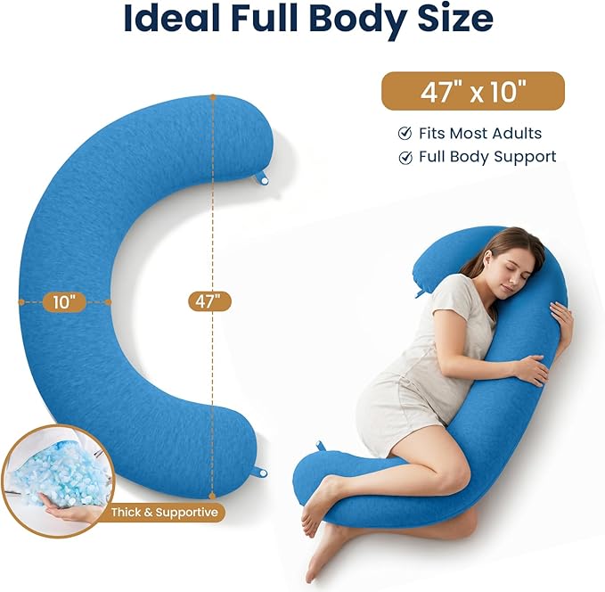 TranquilRelax C Shaped Body Pillow for Side Sleepers, Memory Foam Long Pillow for Leg, Hip & Back Support, Soft Washable Cover,Light Blue-47"*10"