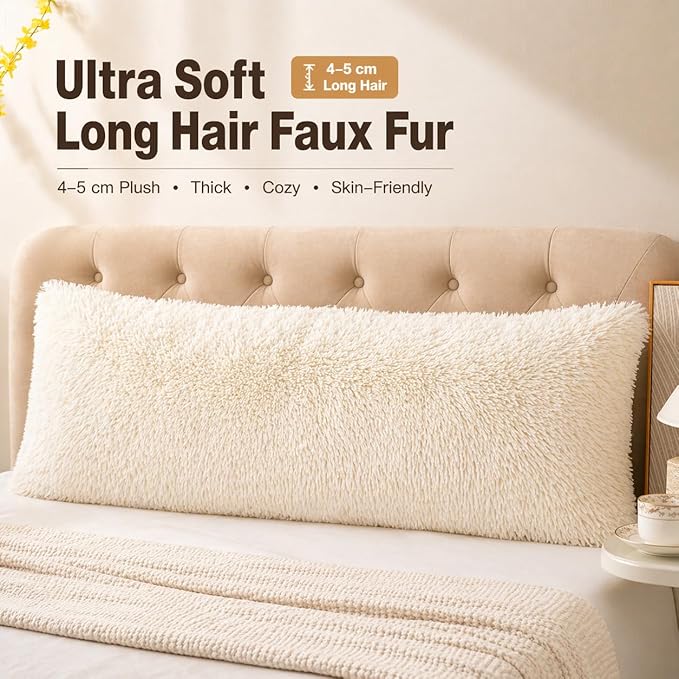 Reafort Luxury Long Hair, PV Fur, Faux Fur Body Pillow Cover/Case 21inx54in with Hidden Zipper Closure (Cream, 21inX 54in Pillow Cover)
